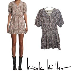 Nicole Miller Partridge Embroidered Dress–V‑Neck, Puff Sleeve, Fits L/Roomy Med